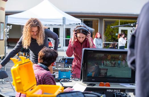 Sarah Lasley and film students work on a film shoot at Humboldt.